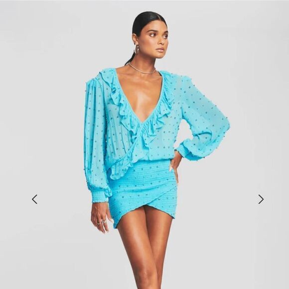 Retrofete Lennon Dress embellished smocked mini chiffon rhinestone acqua blue M - Picture 4 of 15